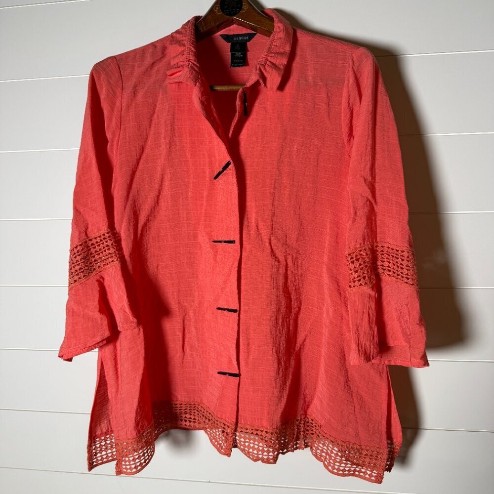 Ali Miles Dark Coral 3/4 Sleeve Button Up Bendable Collar Size Medium